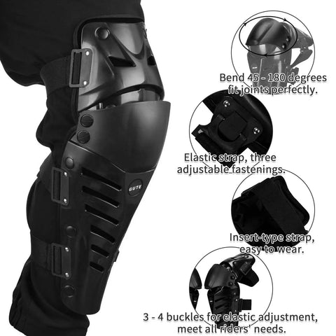 Protective Knee Pads For Motorcycle And Mountain Biking Adjustable Long Leg Sleeve Shin Guards Crashproof Nonslip Gear With PE Shields And EVA Padding Lightweight Breathable Comfort One Pair showing adjustable elastic straps with PE shields.