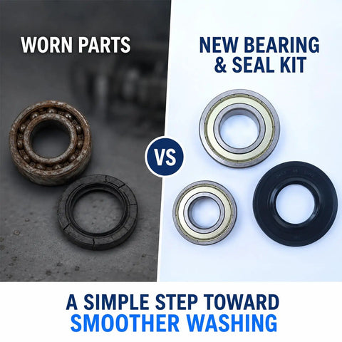 Kick That Loud Grind To The Curb With This Beefy Drum Bearing And Seal Kit For Front Load Washers DC6200156A comparison of worn parts and new bearings.