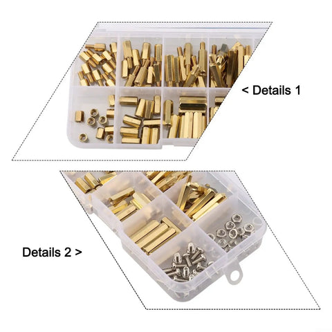 120 Piece Brass Hex Spacer Stud Kit With Stainless Steel Screws And Nuts For Diy Projects Featuring Multiple Sizes In Brass And Silver Finishes Built To Last For Electronics Furniture Automotive Mounts And General Assembly Pro Grade in organizer box