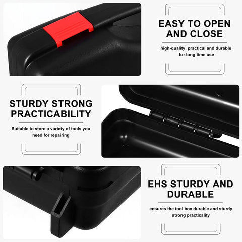 Rock Solid Portable Plastic Toolbox With Reinforced Lid And Grippy Carry Handle For Built Like A Tank Workshop Storage And Knockout Gear Organization On The Go, close-up of sturdy hinge and lid with red latch.