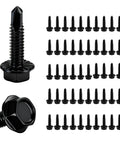 Hot Deal On 50 Black Hex Washer Head Self-Drilling Screws Size 14 Inch X 1 Inch Made From Top Tier Grade 8.8 Heat Treated Carbon Steel With Zinc Finish Heavy Duty Industrial Metal Fasteners For Tough Jobs. Hex head screws displayed in rows.