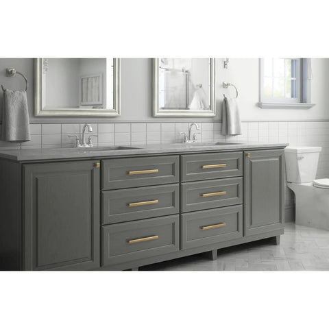Gray bathroom vanity with Napier Cabinet Knob Set In Champagne Bronze For Slick Kitchen And Bath Upgrade, 8-13/16 Inch Center-To-Center Drawer Knobs installed