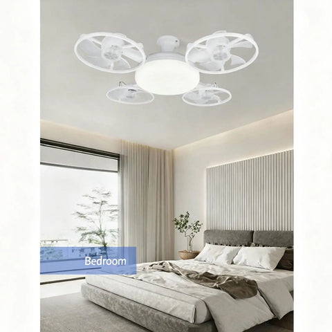 Modern MENGLANSI Flush Mount Fan Light with four fans, white finish, illuminating a stylish bedroom interior.