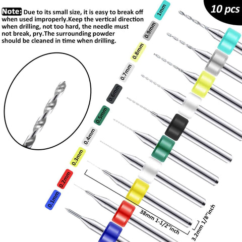 Close-up of Mudder micro hand drill bit set with pin vise; color-coded 0.1–1.0 mm bits for resin and clay crafts