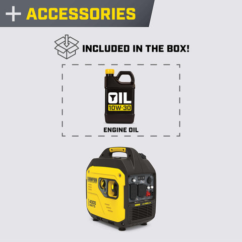 Lightweight 4000 Watt RV Ready Portable Inverter Generator With Quiet Tech and included 10W-30 engine oil accessory, under 49 pounds