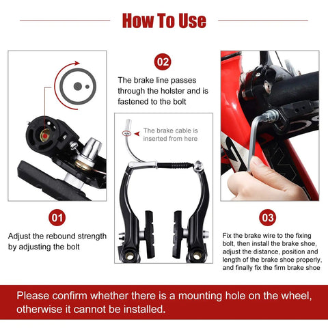 Black Complete Bike Brake Set Front And Rear For MTB And Hybrid Bikes Includes Calipers Levers Inner And Outer Cables And A No Fuss Cable Kit For Easy Installation instruction guide showing brake installation steps