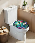 Elongated Vibrant Hummingbirds Butterflies Chinoiserie Toilet Seat on a modern toilet in a bright bathroom setting.