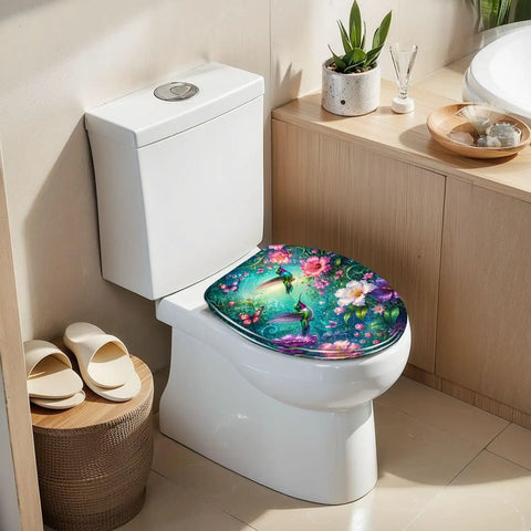 Elongated Vibrant Hummingbirds Butterflies Chinoiserie Toilet Seat on a modern toilet in a bright bathroom setting.