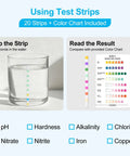 Water Test Kit With TDS Meter And 20 Test Strips, Eight In One Diagnostics, User Action Guide And Two Record Sheets, Digital Water Tester For Home Tap And Well Drinking Water showing test strip comparison with color chart.