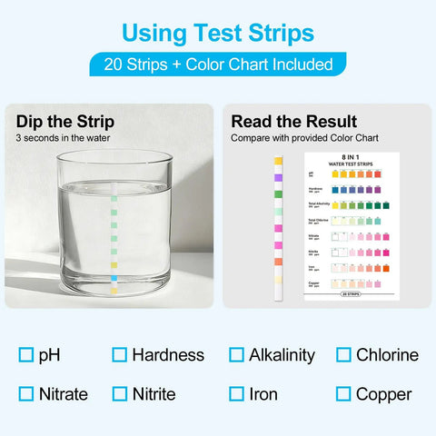 Water Test Kit With TDS Meter And 20 Test Strips, Eight In One Diagnostics, User Action Guide And Two Record Sheets, Digital Water Tester For Home Tap And Well Drinking Water showing test strip comparison with color chart.