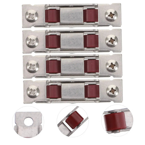 Eight Piece Heavy Duty Double Wheel Pulley Kit For Effortless Smooth Gliding Sliding Screen Doors And Window Track Replacement Barn Door Rollers With Dead Simple Setup close-up of steel rollers with red wheels.