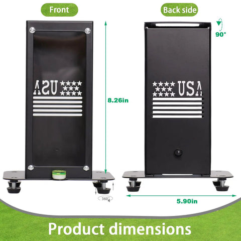 Front and back view of Heavy Duty Metal Protective Case For Square Golf Launch Monitor, showing dimensions and leveling feet.