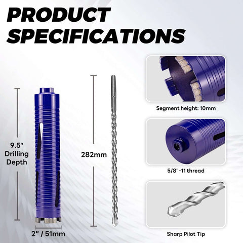 DaduoRi 2-inch core drill bit with pilot bit and adapters (SDS Plus, 1/2 in hex); 5/8-11 thread; 9.5-inch depth.