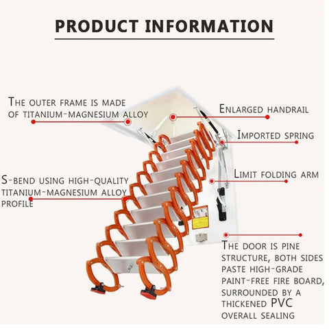 Electric Attic Stair Pull Down Ceiling Ladder Titanium Magnesium Alloy Folding Loft Step Telescopic Extension Access With Smooth Operation And Dang Sturdy Heavy Duty Frame showing components and features of the ladder.