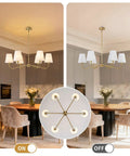 Smooth Operator 6 Light Brass Gold Chandelier With White Fabric Shades illuminating a dining room, showcasing both on and off lighting.