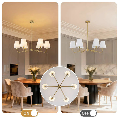 Smooth Operator 6 Light Brass Gold Chandelier With White Fabric Shades illuminating a dining room, showcasing both on and off lighting.
