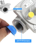 Gas pressure regulator close-up showing 3/4 in FIP inner inlet with blue protective cap.