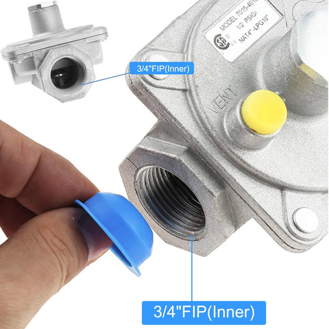 Gas pressure regulator close-up showing 3/4 in FIP inner inlet with blue protective cap.