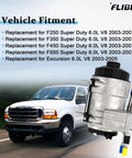 Diesel Fuel Pump Assembly For Ford Super Duty F250 F350 F450 F550 And Excursion 2003 To 2007 6.0L V8 Replacement shown next to truck