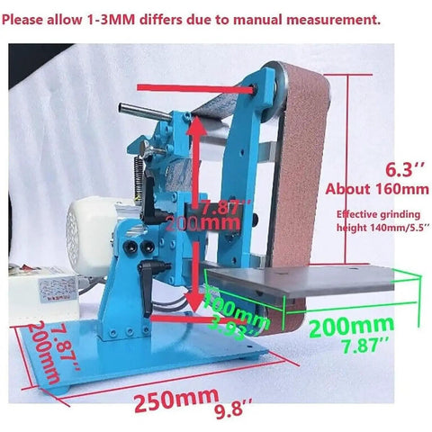 Badass 1100W Brushless Belt Sander Packing Rock Solid Steel Guts side view with dimensions for wood and metal grinding.