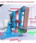 Workhorse 1100W Brushless Belt Sander Built Like A Tank For Wood Metal Grinding Sanding Polishing With Variable Speed Bidirectional Handle dimensions showing blue steel frame and sanding belt.