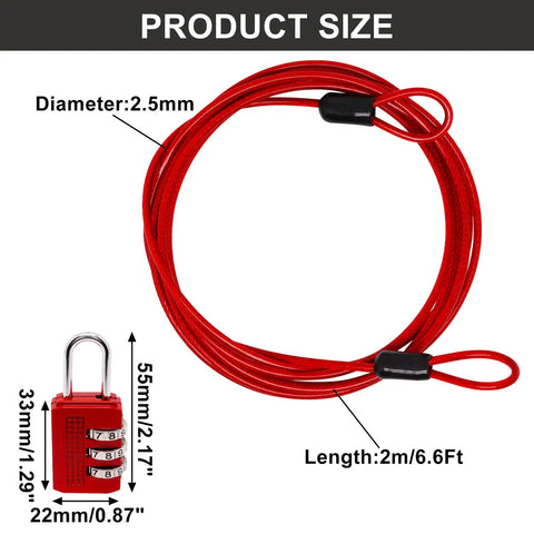 Red Six Point Six Feet Double Loop Security Cable Lock With Two Point Five Millimeter Braided Steel Construction And Three Digit Combination Lock For Bike Luggage Outdoor Gear And Clothesline Two Pack showing product dimensions.