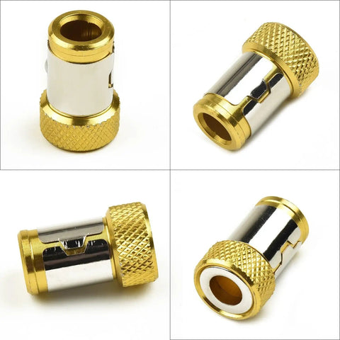 Magnetic Ring Screwdriver Bit Holder For 1/4 Inch Hex Driver Bits, Alloy Steel Magnetizer For Screw Retention, Heavy Duty Bit Accessory For Hand Tools, Keeps Screws In Place And Easy To Retrieve. 25x15mm gold alloy steel holder shown in four angles