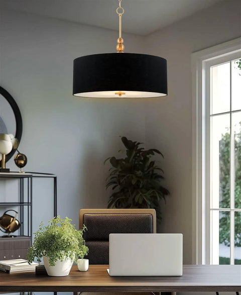Adelade 23 Inch Modern 3 Light Drum Pendant Chandelier with gray fabric shade and glass diffuser, adjustable height in living room