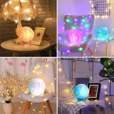 Four cozy room settings displaying moon-shaped night lights with multicolor glow, surrounded by decorative string lights.