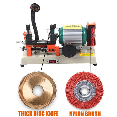 Pro Grade Key Cutting Machine With Horizontal Cutter Duplicating Capacity Heavy Duty Key Duplicator For Metal Keys All Copper Motor shown with disc knife and nylon brush attachments.