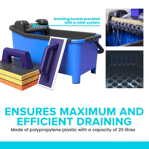 Grouting Bucket Kit With Sponge Floats And Wheels For Tile Work And Grout Cleaning, 20L Bucket with roller drainage system.