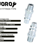 Side view: 3/8 high-flow air hose fittings set, steel, industrial M-type plug, 1/4 in male threads, 300 PSI, 10 pieces.