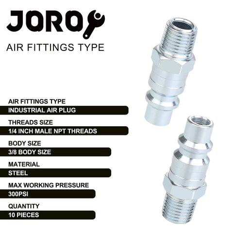 Side view: 3/8 high-flow air hose fittings set, steel, industrial M-type plug, 1/4 in male threads, 300 PSI, 10 pieces.