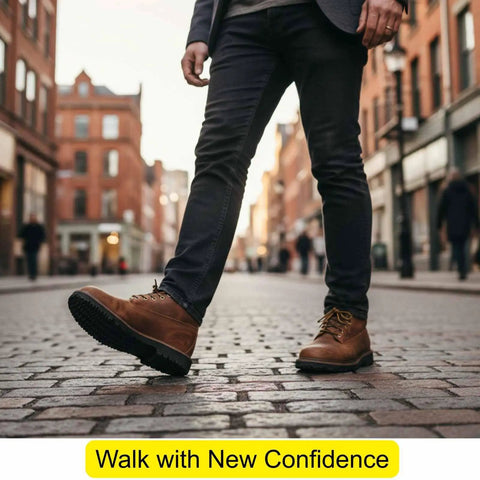 Person walking on cobblestone street wearing boots with rubber sole showing Rubber Shoe Soles For Repairs Anti Slip Boot Replacement 4mm Thick.
