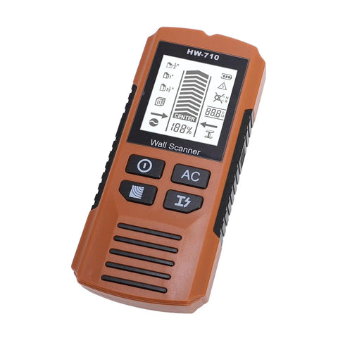 WALFRONT Wall Stud Finder with LCD Backlit Screen and 3 Scanning Modes, close-up view of controls and screen.