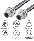 M12 4 Pin A Code Male Connector Cable 0.2M IP67 Waterproof Industrial Circular Connector Built Tough Back Mount Straight Unshielded Aviation Socket Sensor Receptacle 2 Pack with gold-plated pins and copper core, waterproof design.