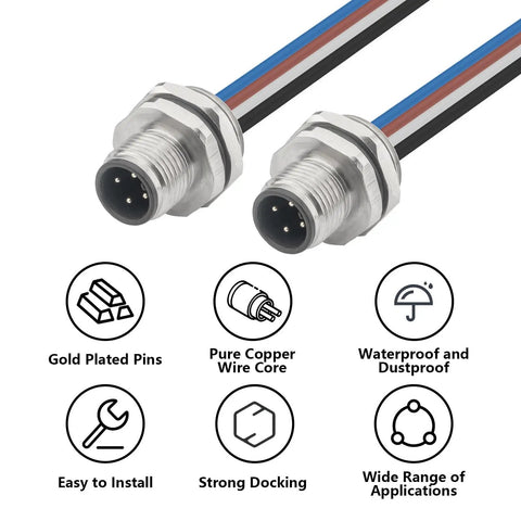 M12 4 Pin A Code Male Connector Cable 0.2M IP67 Waterproof Industrial Circular Connector Built Tough Back Mount Straight Unshielded Aviation Socket Sensor Receptacle 2 Pack with gold-plated pins and copper core, waterproof design.