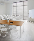 Room setup with Ten Pack White Plastic Folding Chairs With Steel Frame Indoor Outdoor Portable Stackable Commercial Seating