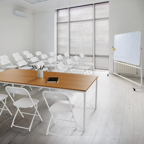 Room setup with Ten Pack White Plastic Folding Chairs With Steel Frame Indoor Outdoor Portable Stackable Commercial Seating