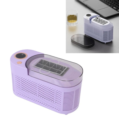 Compact Counter Ice Maker Cranks Out Eight Chill Cubes Quick And Slick Lil Build in lavender color on a desk with a drink.