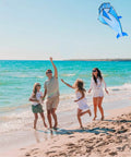 Family flying a Large Dolphin Blue Kite Frameless Soft Parafoil Giant 3D Kite For Beach And Outdoor Fun Times Lightweight Easy To Launch Foldable Carry Tear Proof Cloth Durable Construction No Rods Safe Beach Flying Experience.