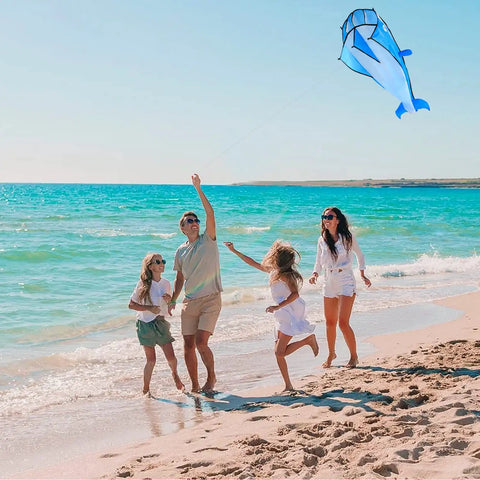 Family flying a Large Dolphin Blue Kite Frameless Soft Parafoil Giant 3D Kite For Beach And Outdoor Fun Times Lightweight Easy To Launch Foldable Carry Tear Proof Cloth Durable Construction No Rods Safe Beach Flying Experience.