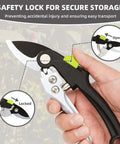 Close-up of hand holding Heavy Duty Loppers For Tree Trimming With Gear Technology And Labor Saving Pruning Shears showing safety lock.