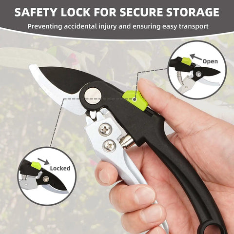 Close-up of hand holding Heavy Duty Loppers For Tree Trimming With Gear Technology And Labor Saving Pruning Shears showing safety lock.