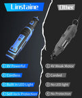 Comparison of Heavy Duty Eight Volt Cordless Rotary Tool With 135 Piece Accessory Kit and a Corded rotary tool.