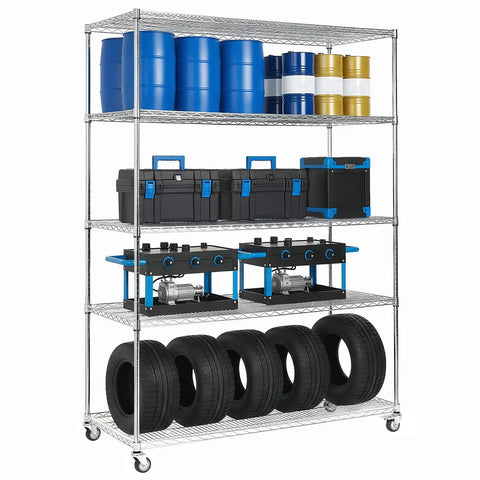 5-Tier Steel Storage Rack With Wheels And Shelves Beefy Built To Last 7500 Lbs Total Capacity Waterproof Liners Rust Resistant Steel Wire