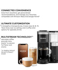 Smart WiFi Single Serve Coffee Maker For Home Baristas That Delivers Coffee Lattes And Cappuccinos With Built In Frother BrewID Pod Recognition And Six Brew Sizes Black with smartphone app control and multiple coffee options displayed.