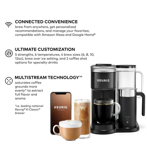 Smart WiFi Single Serve Coffee Maker For Home Baristas That Delivers Coffee Lattes And Cappuccinos With Built In Frother BrewID Pod Recognition And Six Brew Sizes Black with smartphone app control and multiple coffee options displayed.
