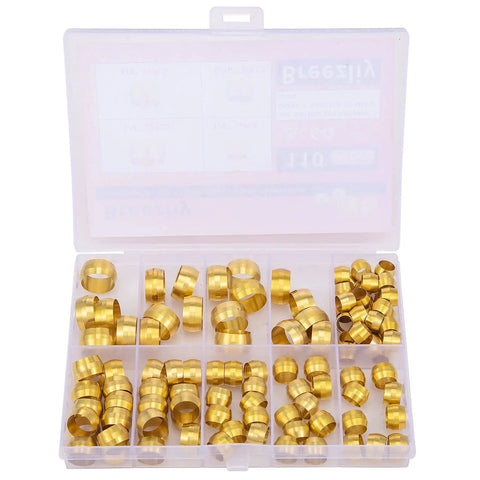 Essential 110 Piece Brass Compression Sleeve Ferrule Kit for Quarter to One Half Inch Tubing in open plastic box