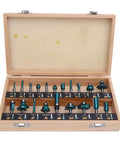 Top Grade 20 Piece Carbide Router Bit Set With Strong Tongue Groove For Smooth Woodworking Cuts 1/2 Inch Shank displayed in wooden case.